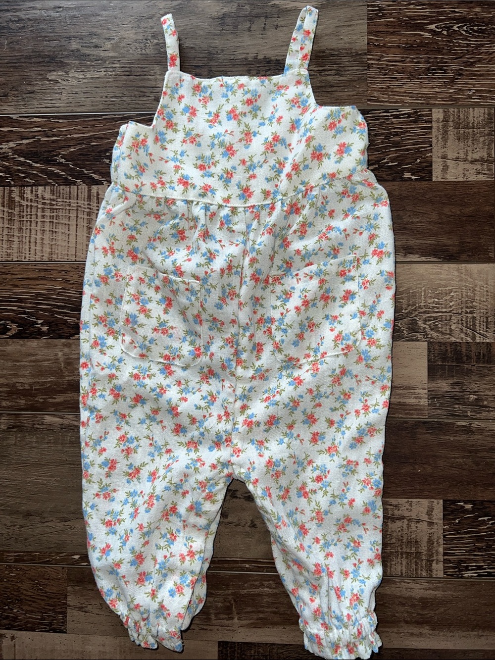 Old Navy White Floral Print Strappy Overalls with Pink and Blue Flowers